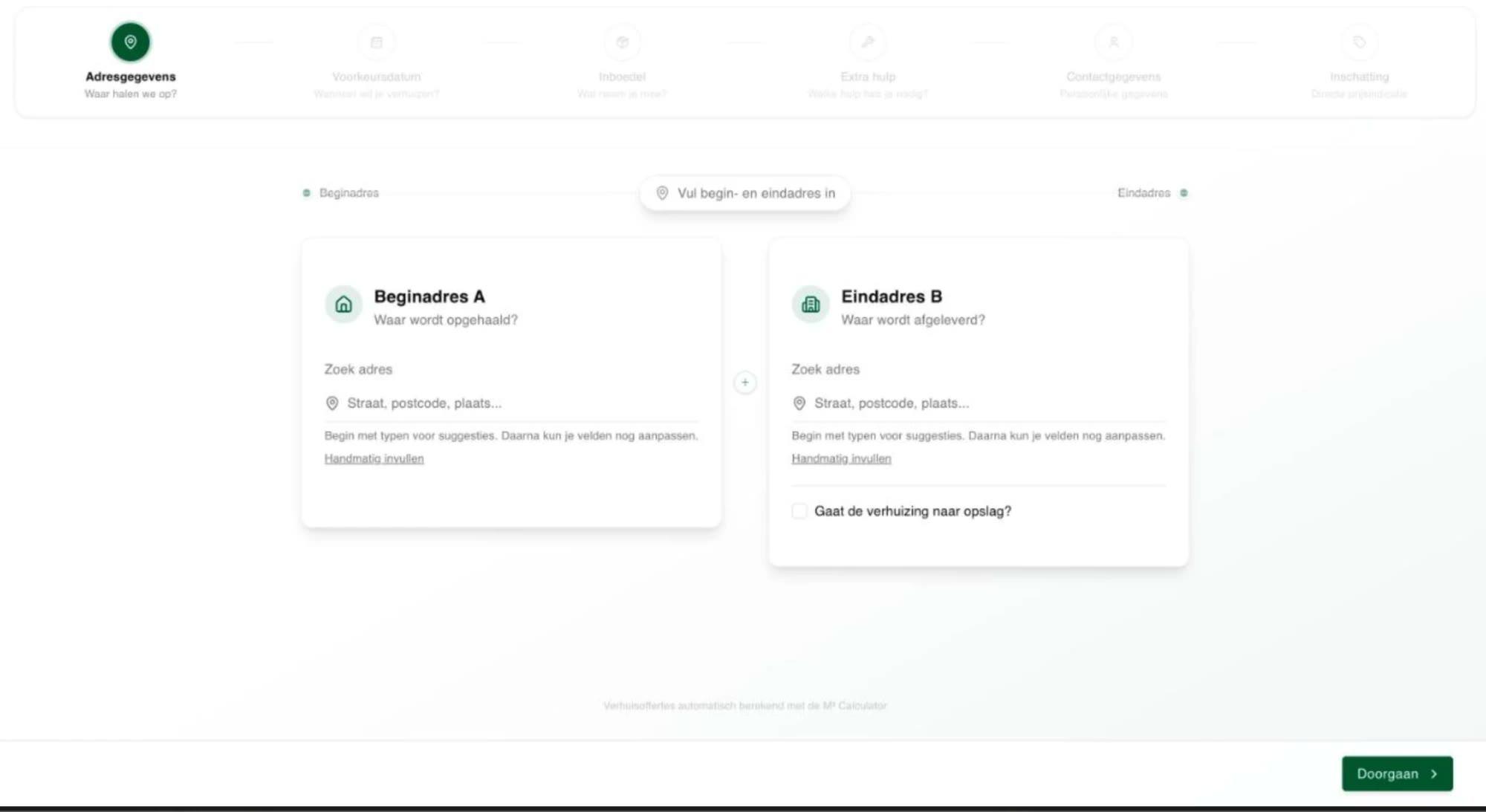 M3 Calculator: de klant vult begin- en eindadres in